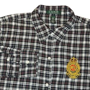 Lauren Ralph Lauren Crest Shirt Tartan Plaid Cozy Flannel Button Front Large